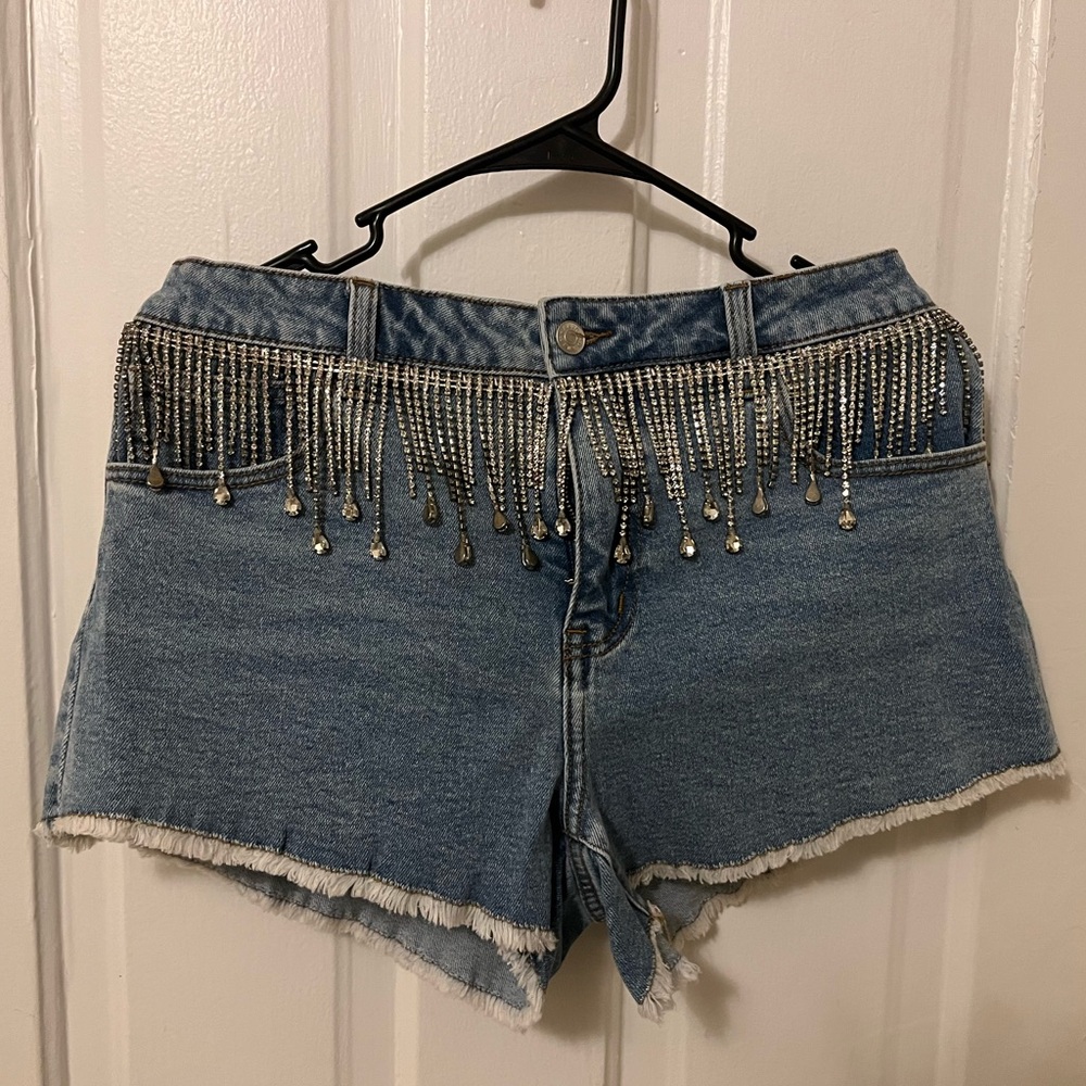 High-Waisted Denim Shorts with Rhinestone Embellishments